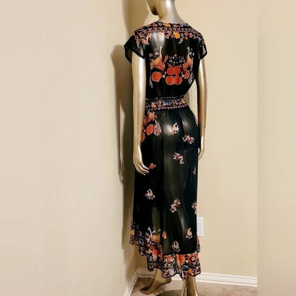 NWOT Floral Shirred Waist Tie Front Ruffle Hem Boho Sheer Dress Sz M - Picture 10 of 16